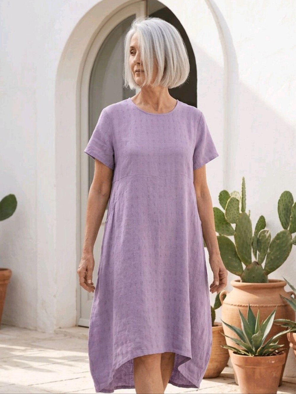 bryn Walker Linen Midi Dress Short Sleeve Purple High-Low Scoop Neck Pockets XXS